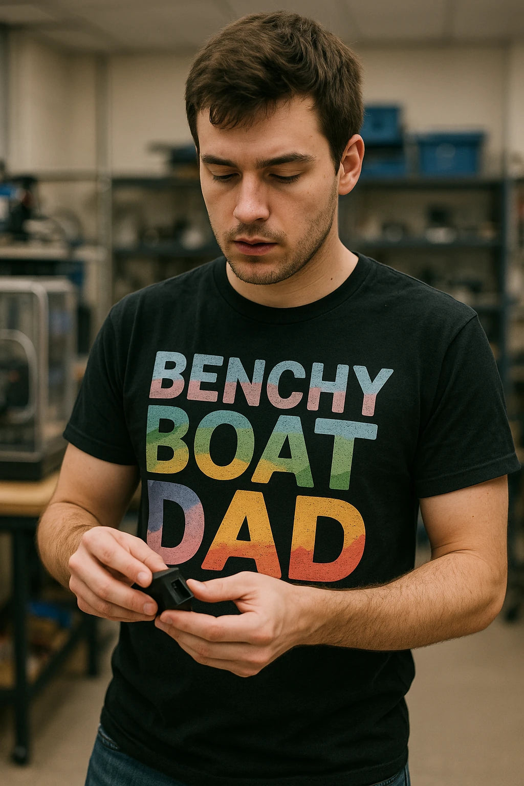 "Benchy Boat Dad" black 3d tshirt printing - also a 3d print present
