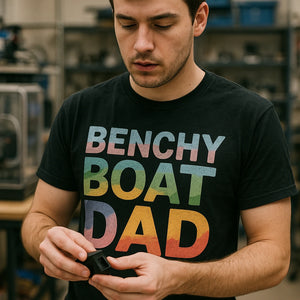 "Benchy Boat Dad" black 3d tshirt printing - also a 3d print present