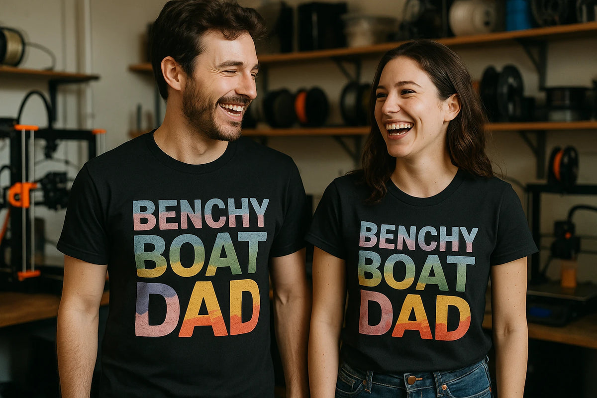Person wearing the black 3d tshirt printing graphic tee - "Benchy Boat Dad" design