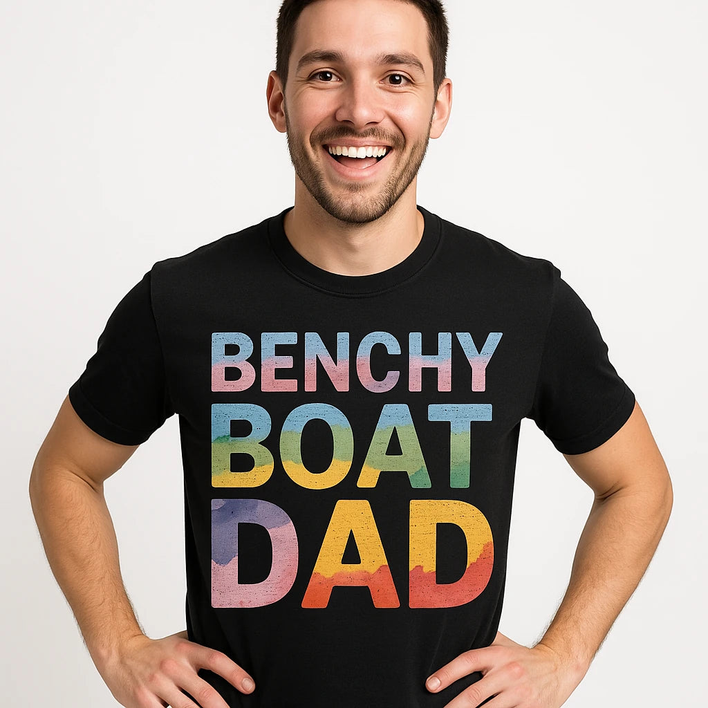 Close-up of the "Benchy Boat Dad" gray print on a premium Bella+Canvas black 3d tshirt printing