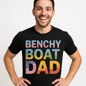 Close-up of the "Benchy Boat Dad" gray print on a premium Bella+Canvas black 3d tshirt printing