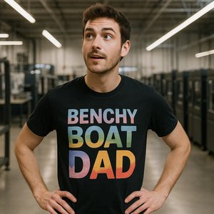 Lifestyle shot of the "Benchy Boat Dad" black 3d tshirt printing in a real-world setting