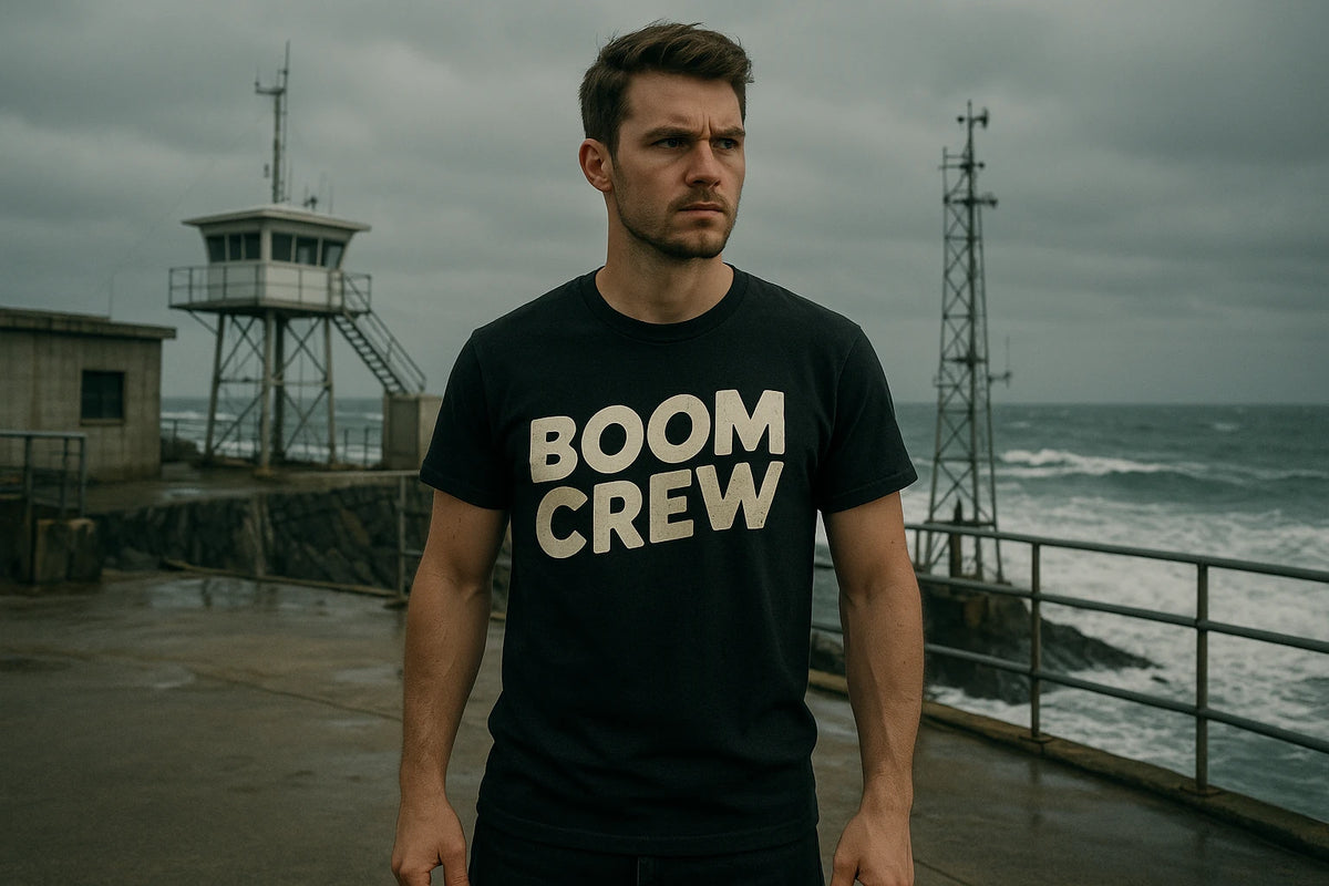 Lifestyle shot of the "Boom Crew" black storms t shirt in a real-world setting