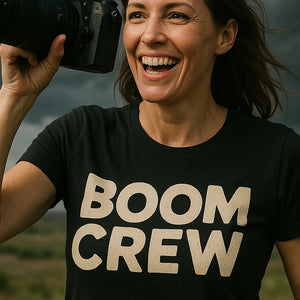 "Boom Crew" black storms t shirt, photographed as storms lover gift