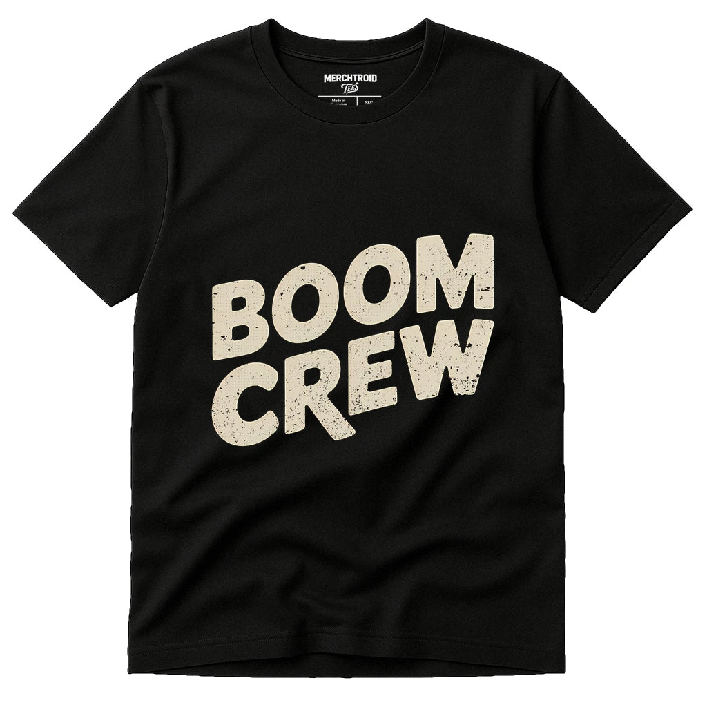 Black Storms T Shirt - "Boom Crew" graphic tee with beige print, flat lay product photo
