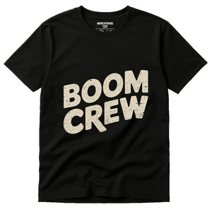 Black Storms T Shirt - "Boom Crew" graphic tee with beige print, flat lay product photo