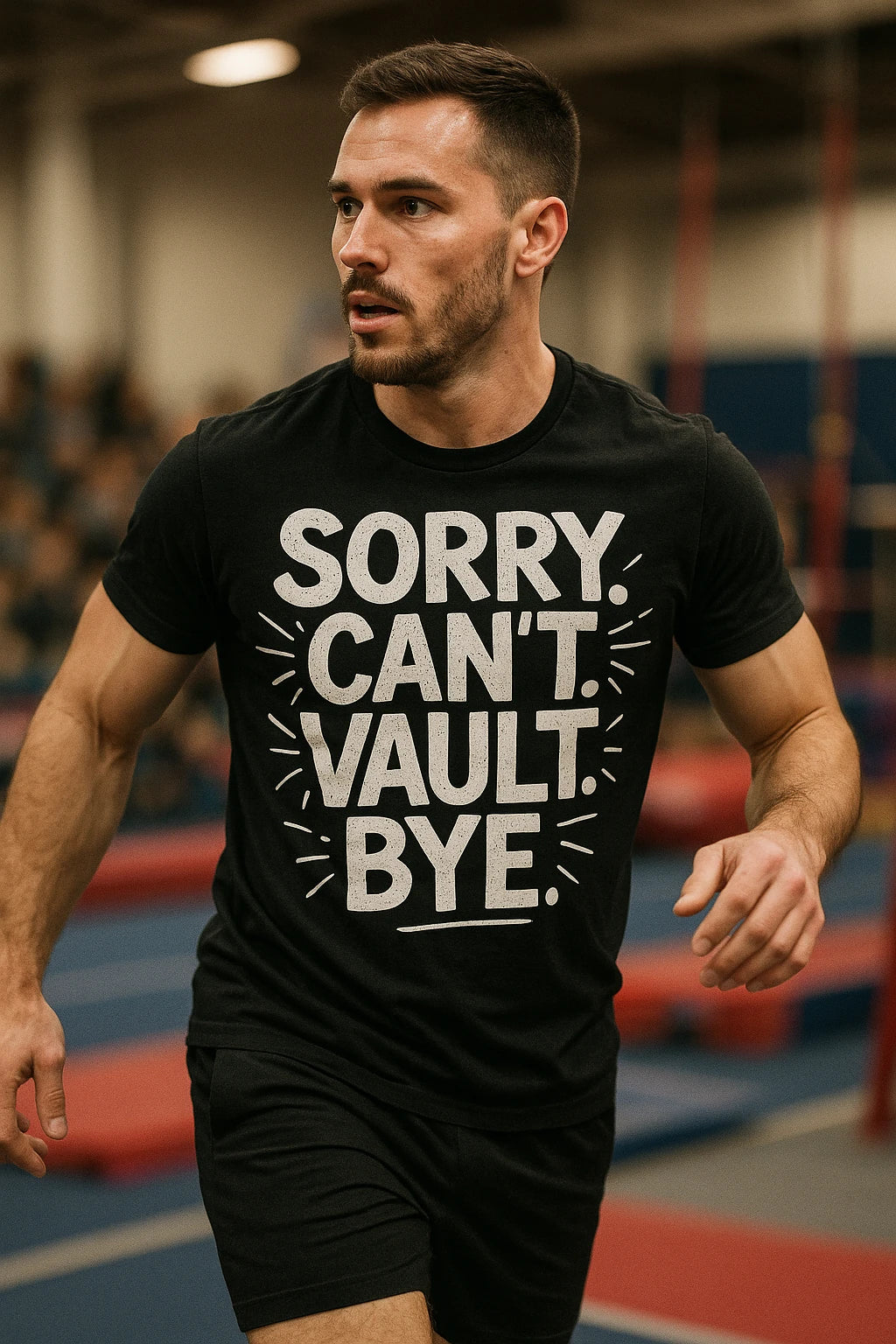 "Sorry. Cant. Vault. Bye." black gymnastics graphic tees, photographed as gift for gymnastics lover