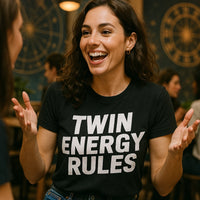 A person with long, dark, curly hair is smiling and talking animatedly. They are wearing a black t-shirt with bold white text. The background features people sitting and decorative wall art.