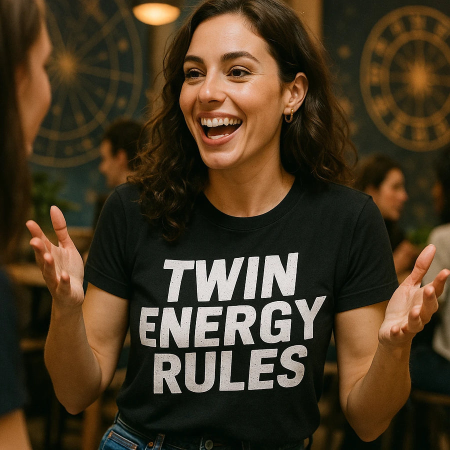 A person with long, dark, curly hair is smiling and talking animatedly. They are wearing a black t-shirt with bold white text. The background features people sitting and decorative wall art.