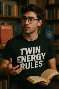 A person with dark hair and glasses is wearing a black T-shirt with the text 