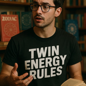 "Twin Energy Rules" black zodiac t shirt, photographed as gifts for zodiac lovers