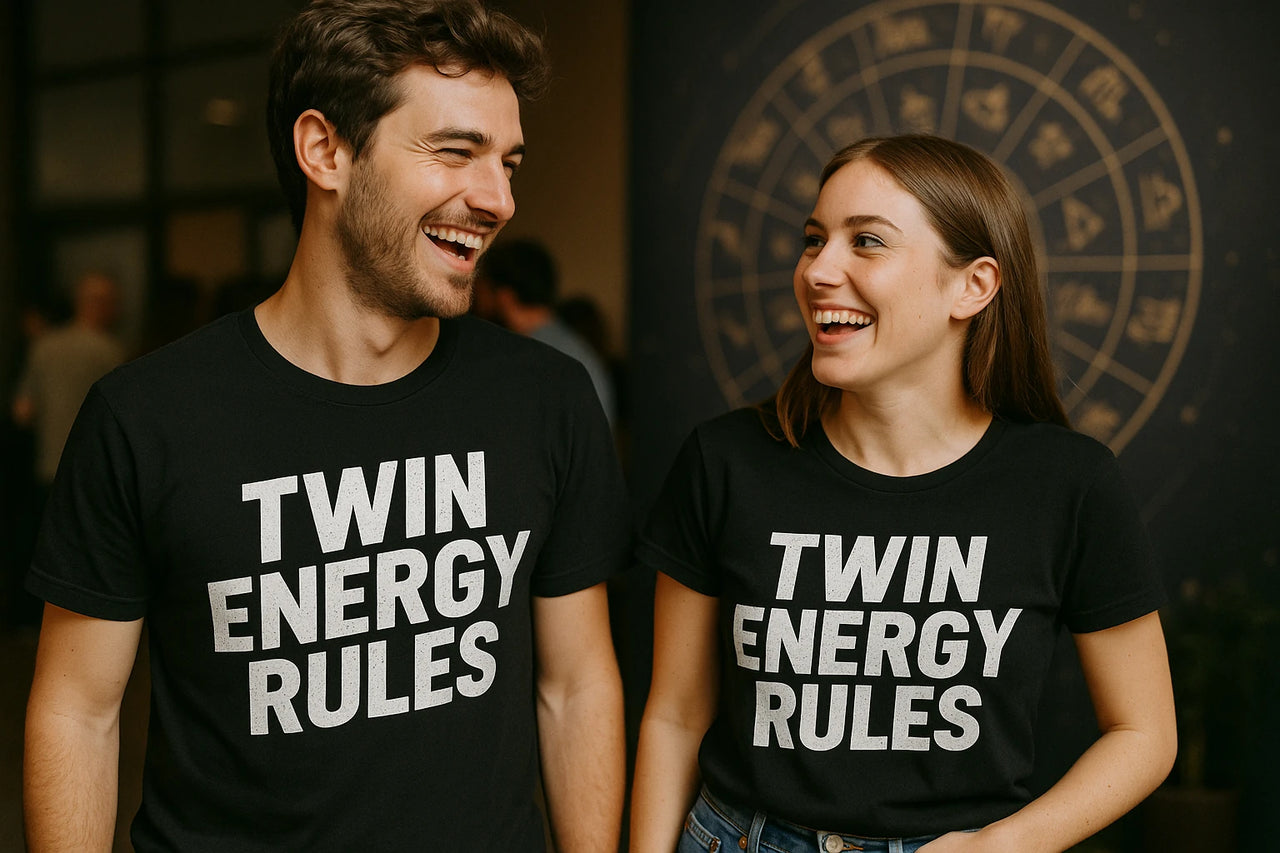 A man and woman are standing side by side, both wearing black T-shirts with the text "TWIN ENERGY RULES" in white letters. They are laughing and facing each other. The background is an indoor setting with a decorative circular pattern on the wall.