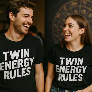 Person wearing the black zodiac t shirt graphic tee - "Twin Energy Rules" design
