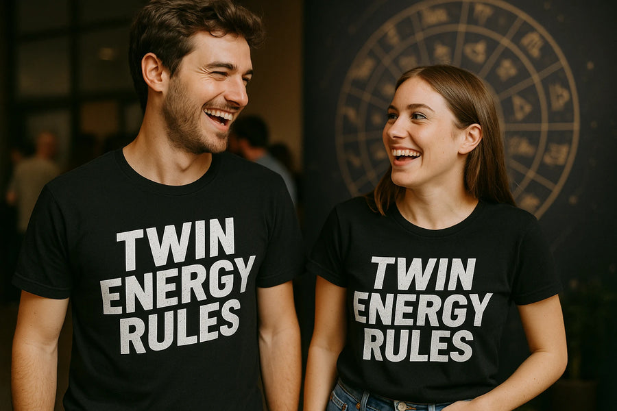 A man and woman are standing side by side, both wearing black T-shirts with the text "TWIN ENERGY RULES" in white letters. They are laughing and facing each other. The background is an indoor setting with a decorative circular pattern on the wall.