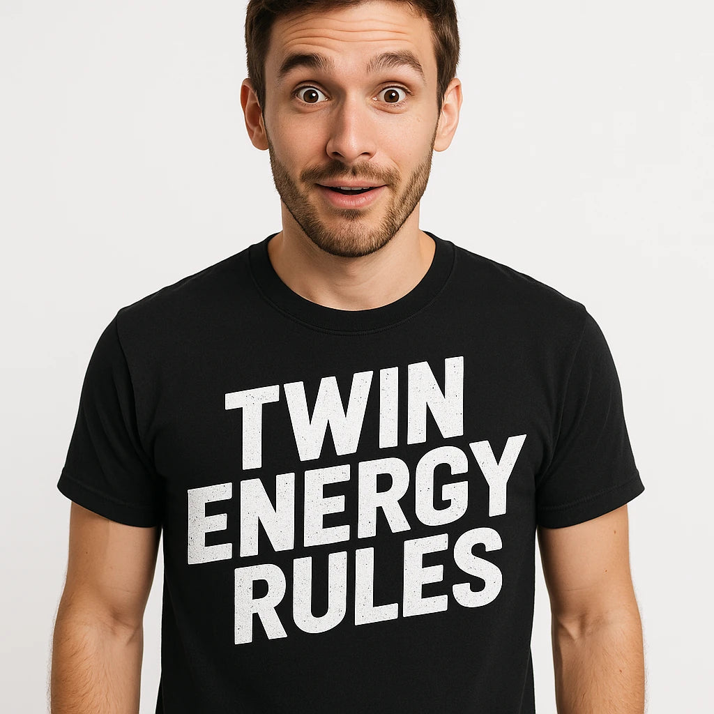 Close-up of the "Twin Energy Rules" white print on a premium Bella+Canvas black zodiac t shirt