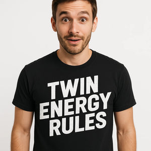 Close-up of the "Twin Energy Rules" white print on a premium Bella+Canvas black zodiac t shirt