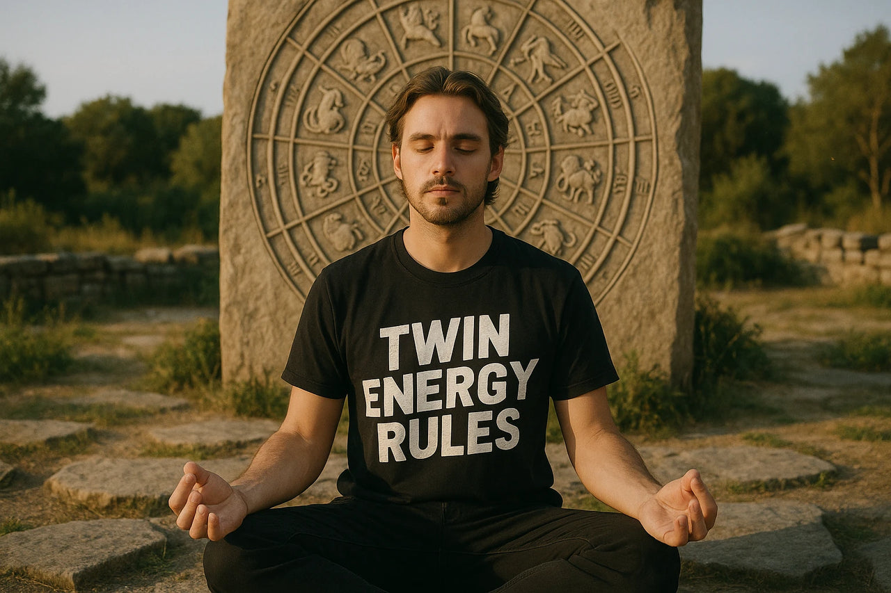 A person with closed eyes is meditating in a seated position outdoors, wearing a black t-shirt with the text "TWIN ENERGY RULES" printed on it. In the background, there is a large stone carving featuring astrological symbols, and the setting appears natural with grass and trees.