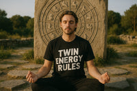 A person with closed eyes is meditating in a seated position outdoors, wearing a black t-shirt with the text 