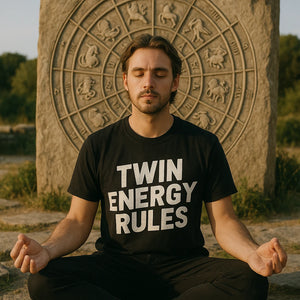 Lifestyle shot of the "Twin Energy Rules" black zodiac t shirt in a real-world setting