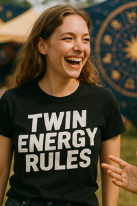 A person with long hair is laughing and wearing a black T-shirt with the text 