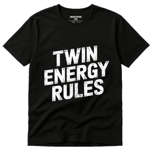 Black Zodiac T Shirt - "Twin Energy Rules" graphic tee with white print, flat lay product photo