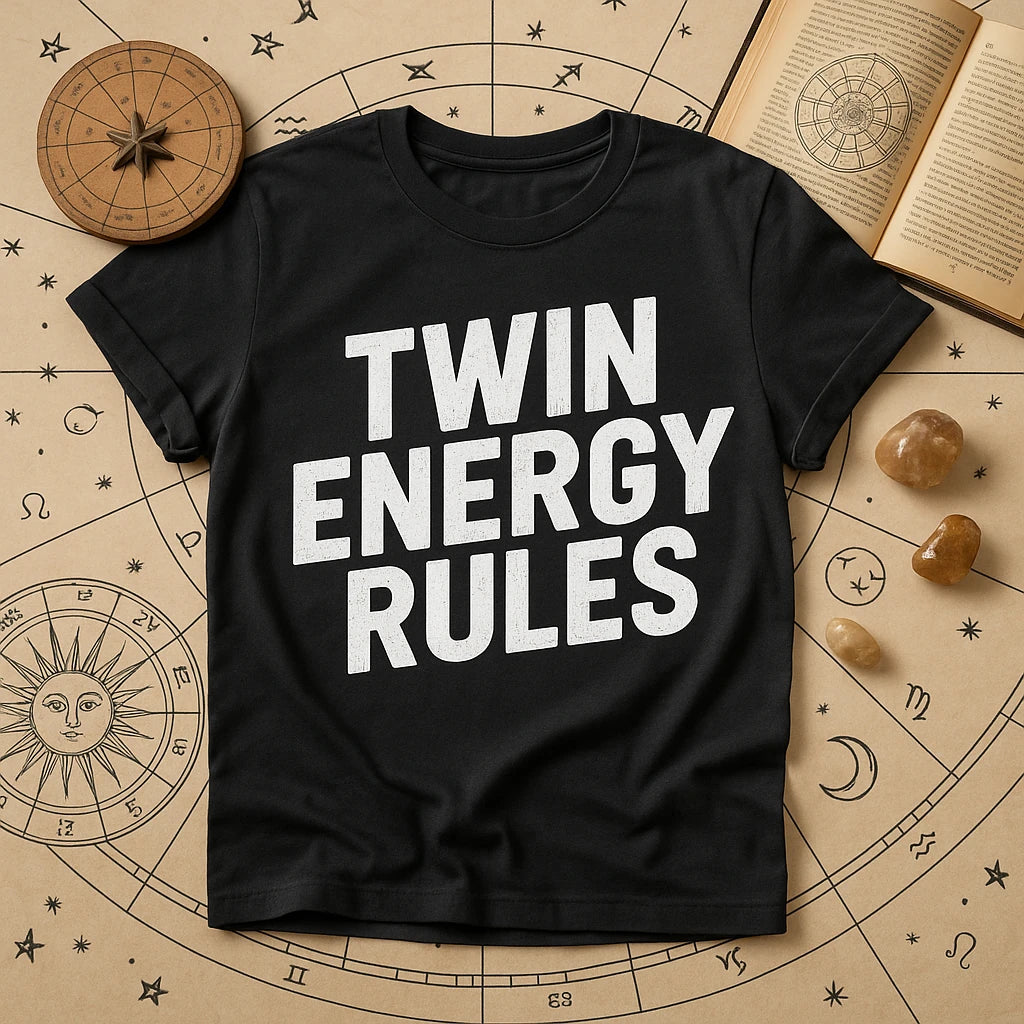 A black T-shirt with bold white text reading "TWIN ENERGY RULES" is laid flat on an astrology-themed background. The background features an open book with astrological symbols, a wooden compass, and several polished stones.