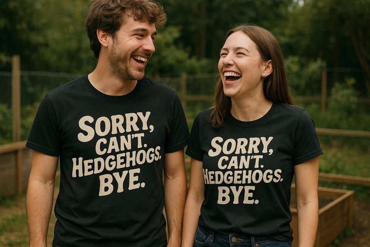 Person wearing the black hedgehog t shirt graphic tee - "Sorry. Cant. Hedgehogs. Bye." design
