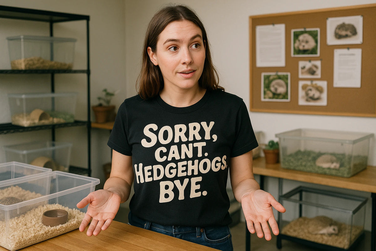 Lifestyle shot of the "Sorry. Cant. Hedgehogs. Bye." black hedgehog t shirt in a real-world setting