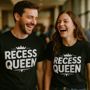 Person wearing the black teacher shirts graphic tee - "Recess Queen" design
