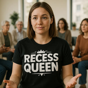 Lifestyle shot of the "Recess Queen" black teacher shirts in a real-world setting