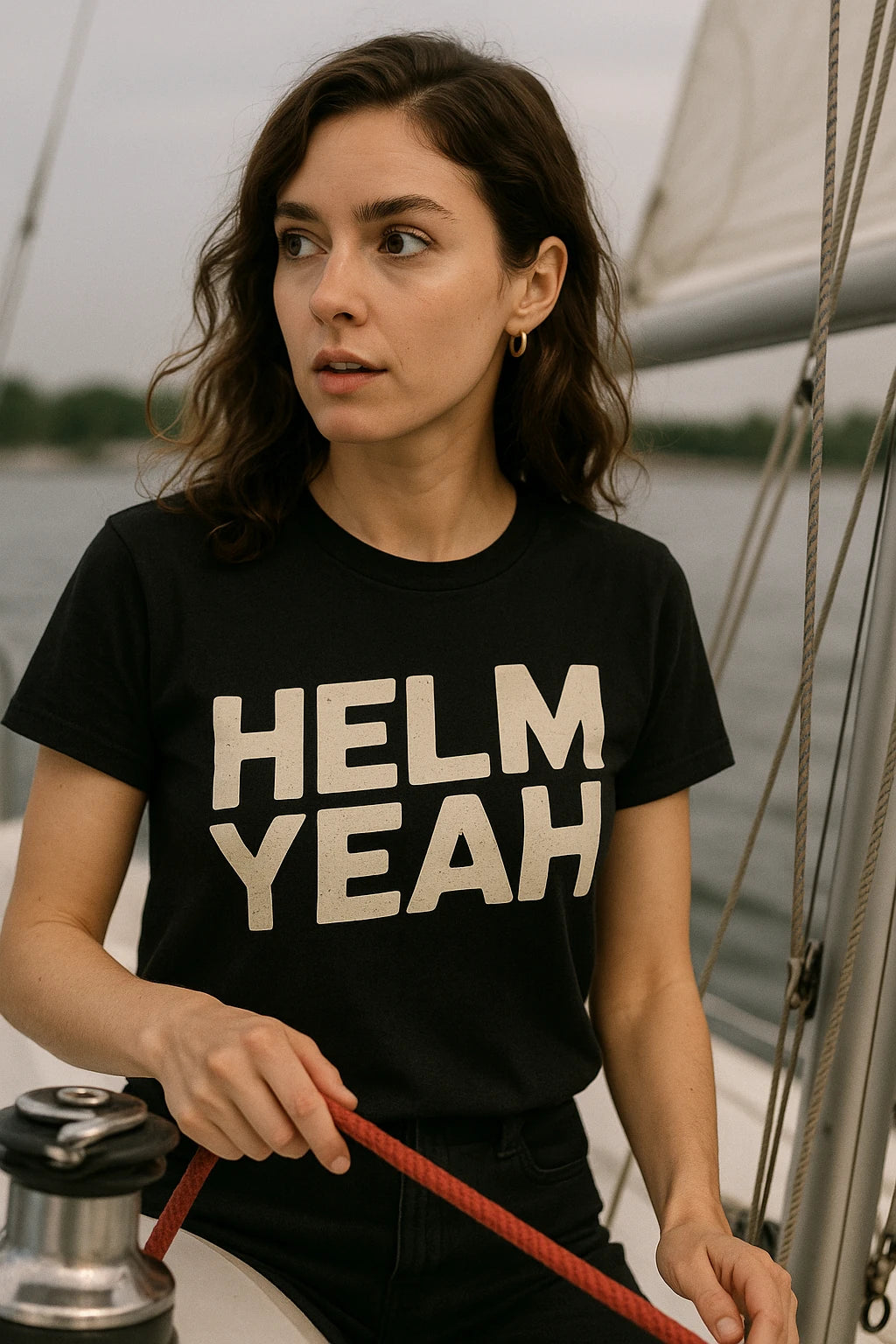 "Helm Yeah" black sailboat t shirt, photographed as gifts for sailing lovers