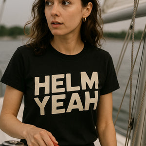 "Helm Yeah" black sailboat t shirt, photographed as gifts for sailing lovers