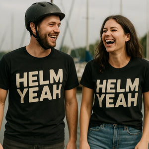 Person wearing the black sailboat t shirt graphic tee - "Helm Yeah" design