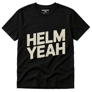 Black Sailboat T Shirt - "Helm Yeah" graphic tee with beige print, flat lay product photo