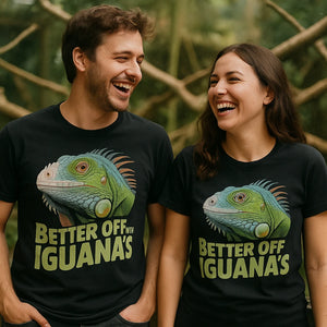Person wearing the black iguana t shirt graphic tee - "Better Off With Iguanas" design