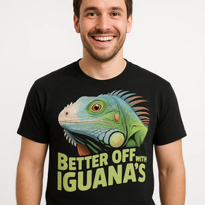 Close-up of the "Better Off With Iguanas" tan print on a premium Bella+Canvas black iguana t shirt