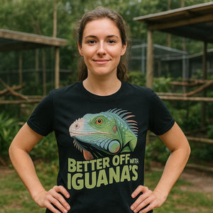 Lifestyle shot of the "Better Off With Iguanas" black iguana t shirt in a real-world setting