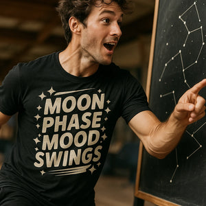 "Moon Phase Mood Swings" stargazing t shirt - product photo 8