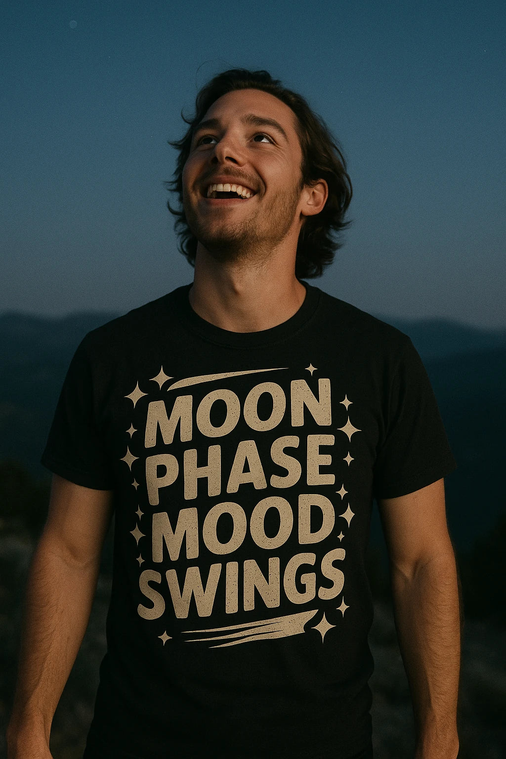 "Moon Phase Mood Swings" black stargazing t shirt, photographed as gifts for stargazing lovers