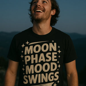 "Moon Phase Mood Swings" black stargazing t shirt, photographed as gifts for stargazing lovers