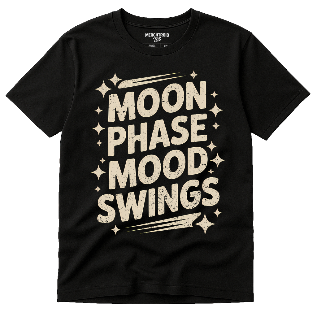 Black Stargazing T Shirt - "Moon Phase Mood Swings" graphic tee with beige print, flat lay product photo