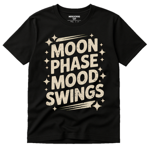 Black Stargazing T Shirt - "Moon Phase Mood Swings" graphic tee with beige print, flat lay product photo