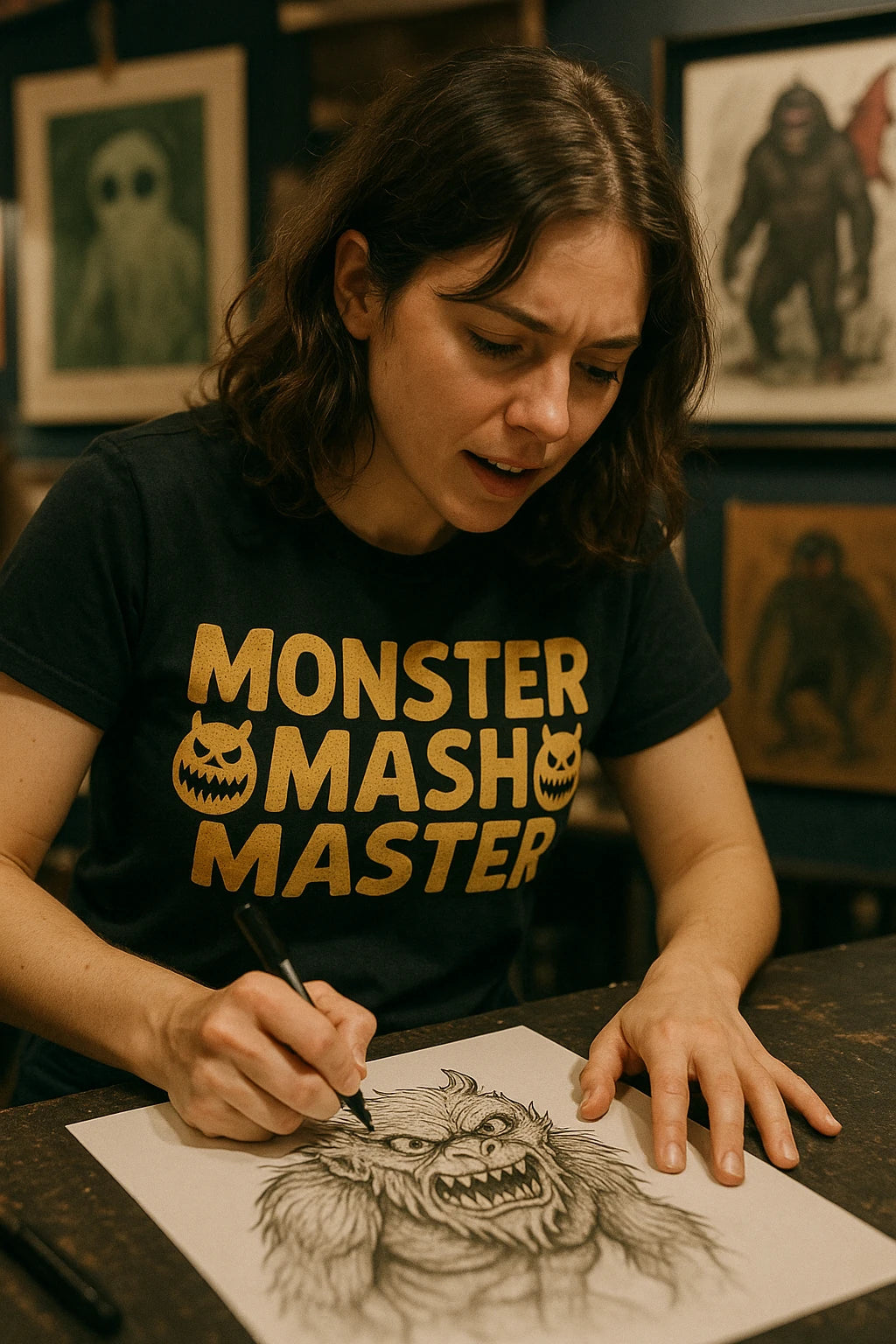 A person with shoulder-length brown hair is drawing a detailed, fierce-looking monster with a pen on paper. They are wearing a black T-shirt with yellow text that reads "MONSTER MASH MASTER" accompanied by stylized monster faces. In the background, there are framed artworks of monsters on the wall.