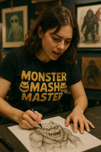 A person with shoulder-length brown hair is drawing a detailed, fierce-looking monster with a pen on paper. They are wearing a black T-shirt with yellow text that reads 