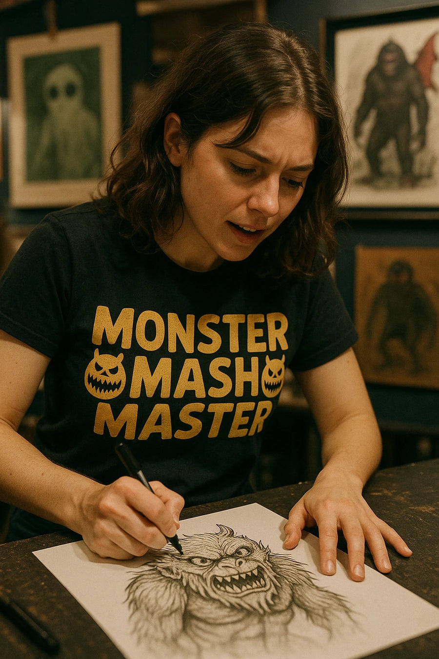 A person with shoulder-length brown hair is drawing a detailed, fierce-looking monster with a pen on paper. They are wearing a black T-shirt with yellow text that reads "MONSTER MASH MASTER" accompanied by stylized monster faces. In the background, there are framed artworks of monsters on the wall.