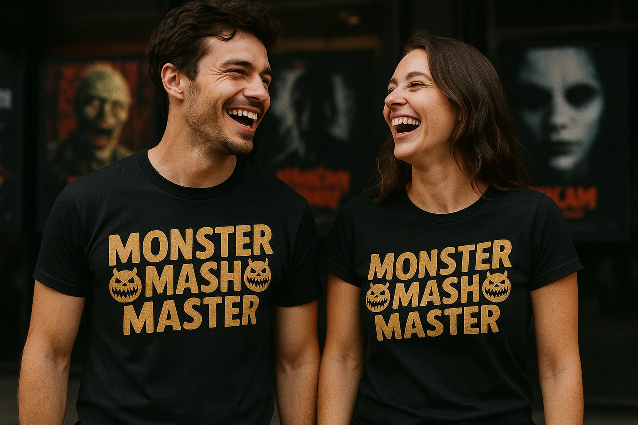 Two people are standing side by side, smiling and looking at each other. They are both wearing black shirts with the text "MONSTER MASH MASTER" and a jack-o'-lantern graphic. They appear to be in front of a building with dark posters in the background.