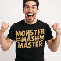 A person with dark hair, wearing a black T-shirt that says 