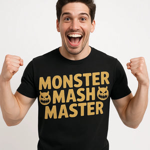 Close-up of the "Monster Mash Master" gold print on a premium Bella+Canvas black monster tee shirts