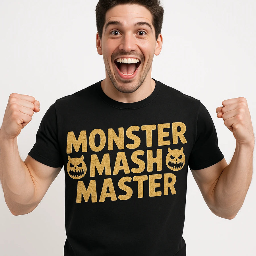 A person with dark hair, wearing a black T-shirt that says "MONSTER MASH MASTER" in bold yellow letters, is smiling widely and raising their fists in excitement. The T-shirt design includes two stylized monster faces.