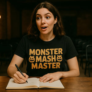 Lifestyle shot of the "Monster Mash Master" black monster tee shirts in a real-world setting